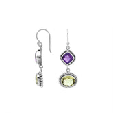 Sterling silver drop earrings with purple Amethyst Quartz and Lemon Luartz, handmade with Bali-inspired detailing for women.